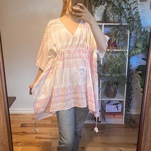 Matta Kaftan Pink White Sequin Beaded Tassels Tie Front V-Neck Raglan Sleeve OS